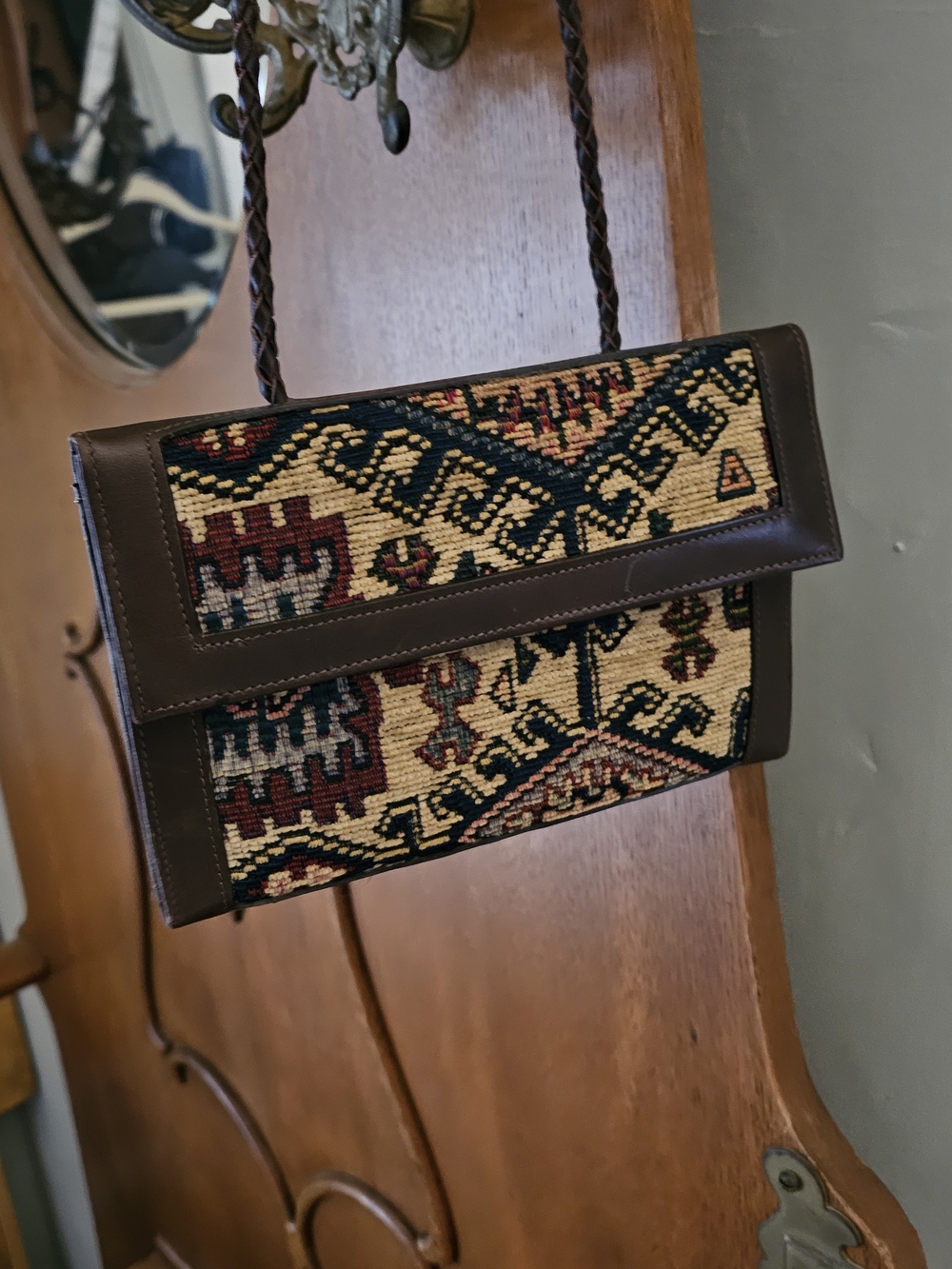 Vintage L.L.Bean Leather Tapestry Shoulder Bag Clutch Woven Crossbody